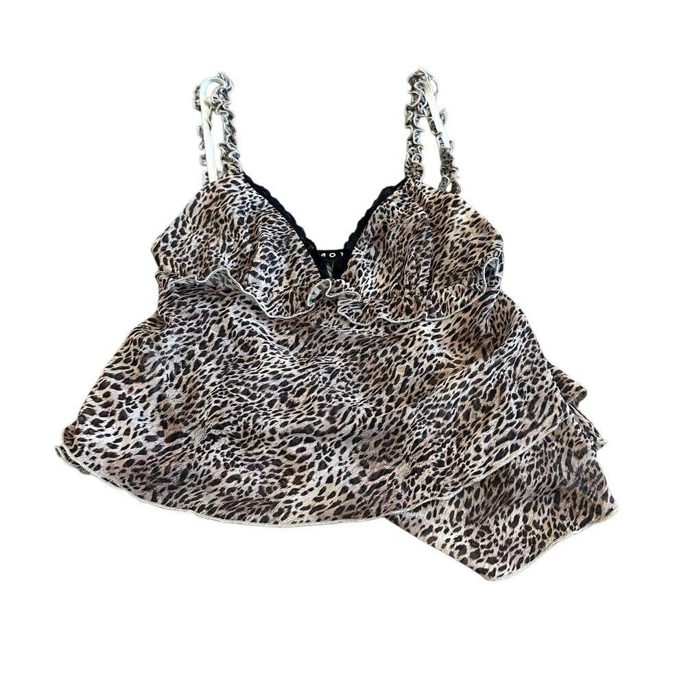 Motel Leopard Print Crop Top Blouse Shirt Spaghetti Strap Ruffle Size XXS Womens